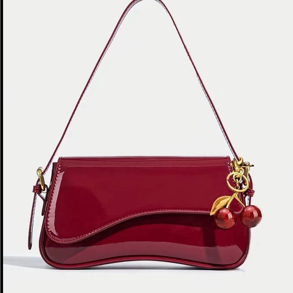 Handbags - Glossy Cherry-Accent Shoulder Bag in Deep Red